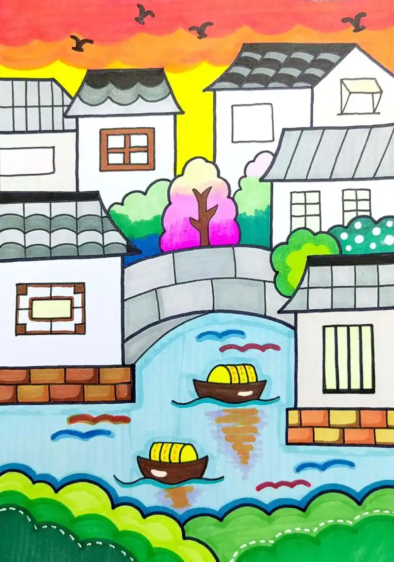 江南水乡.#美术课件 #儿童画 #简笔画 #一起学画画 #少 - 抖音