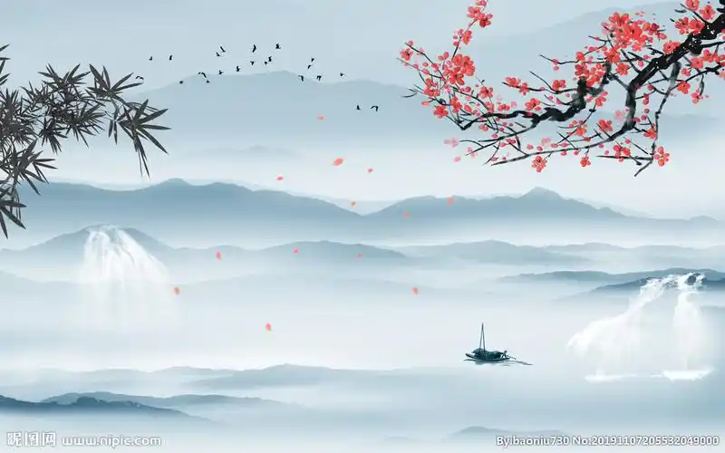 梅花山水中国风画tif分层图片