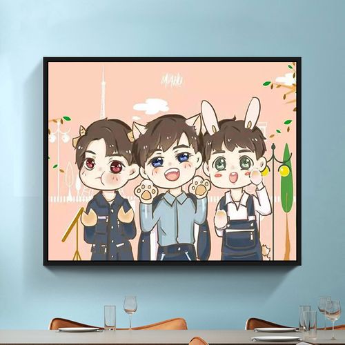 创意手绘填色油彩画diy数字油画卡通涂鸦画q版团体tfboys周边插画