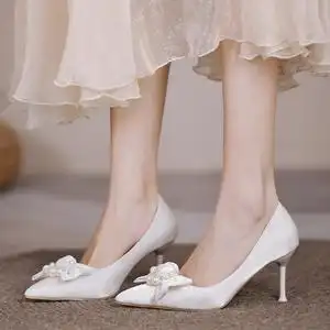主纱婚鞋平时可穿新娘鞋蝴蝶结高跟鞋女白色配裙子细跟伴娘婚纱鞋