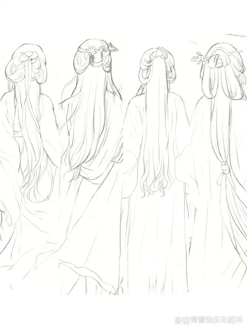 水彩人物|一组古风人物背影线稿图 人物素材来自