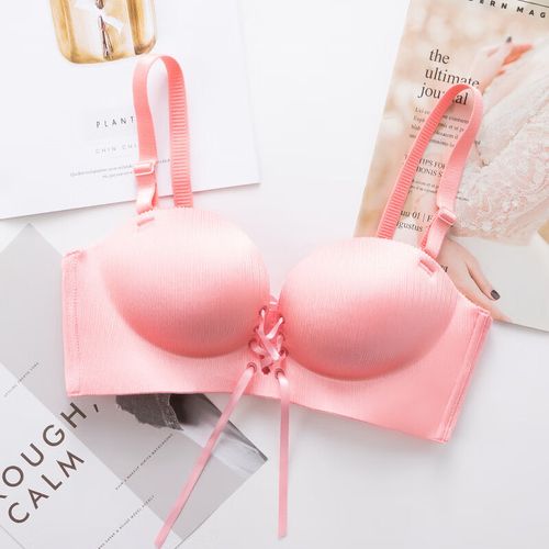 文胸】拉丝拉亚当之手绑带日系纯色女无钢圈聚拢文胸/半杯胸罩 粉色