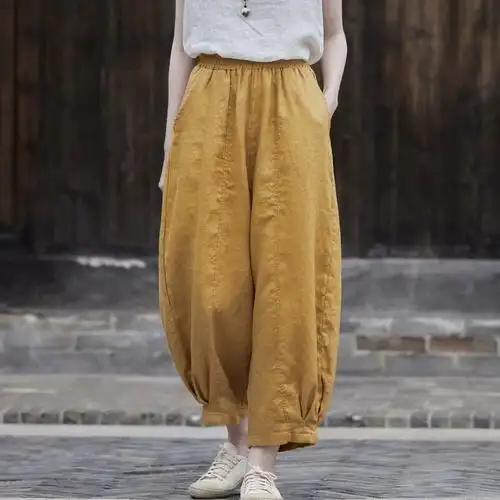薄款2024棉麻女装文艺复古设计感棉麻宽松大版休闲裤女亚麻灯笼裤