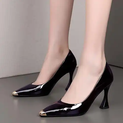 mdesl902168新款真皮女鞋尖头细高跟鞋金属懒人通勤鞋