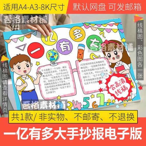 一亿有多大手抄报模板电子版小学生数学手抄报半成品线稿a3a48k