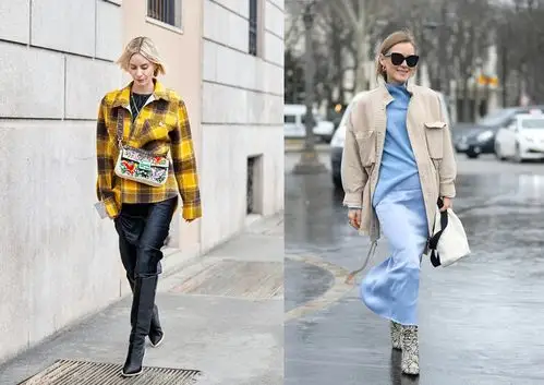 的穿搭离不开彩色款,深橘宽松款西装和柠檬黄裙装是大胆的组合搭配,宽