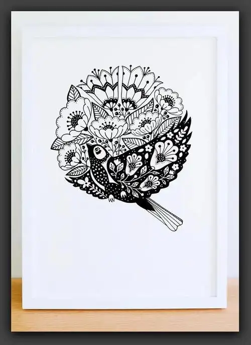 而在wensdi的插画作品里,只有黑白的线条,与鸟,与花瓶组合在一起的