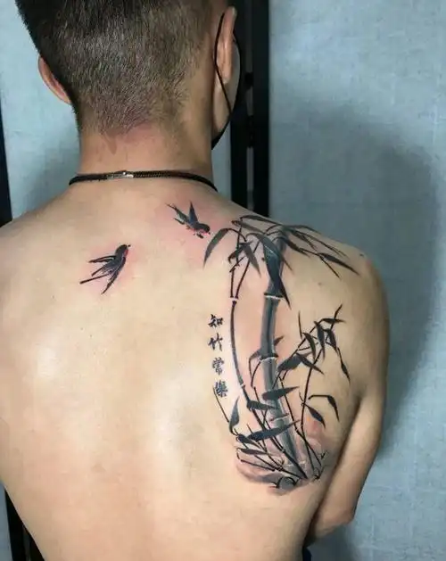 竹子纹身图片_背部水墨纹身图案
