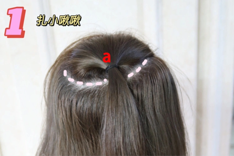 ①取头顶一撮头发 (粉色框内的a区),用橡皮筋扎起来.
