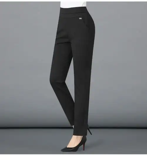 班萨图高腰弹力裤子中年女裤休闲直筒裤薄款宽松大妈 402#黑色 夏季带