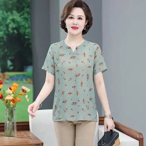 妈妈夏装洋气新款中年人夏季短袖低圆领t恤上衣中老年女棉麻小衫
