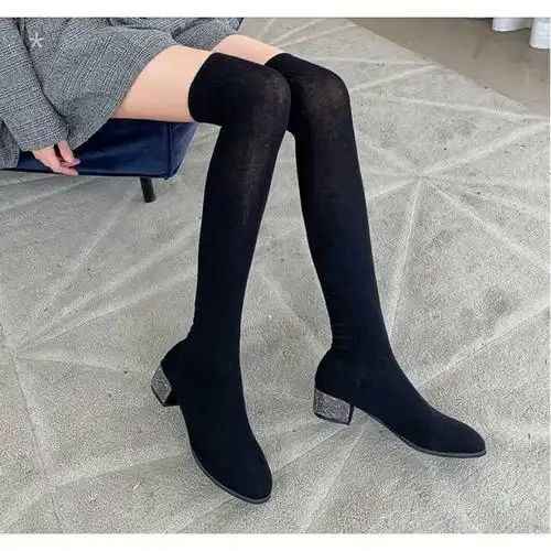 弹力粗跟丝袜靴女秋冬季显瘦性感长筒过膝靴圆头炸街网红瘦瘦靴