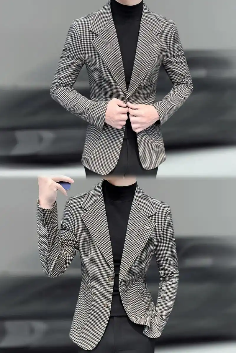 男神们～这款千鸟格西装外套来啦～这款休闲西装外套男秋冬款英伦