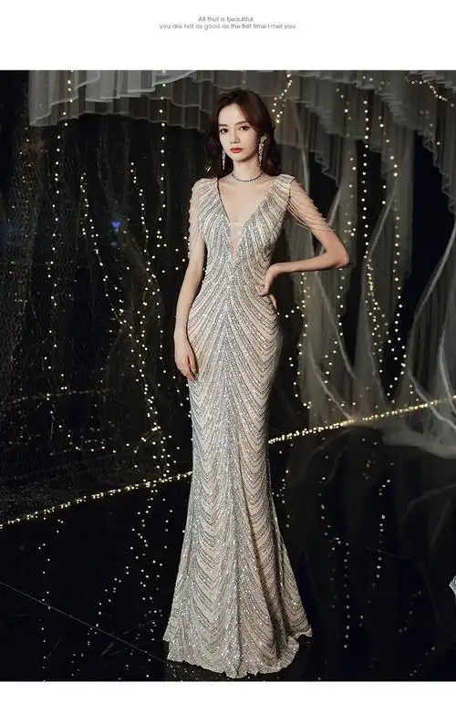 晚礼服女2022新款秋冬季宴会端庄名媛性感鱼尾气场长款肩流苏礼服