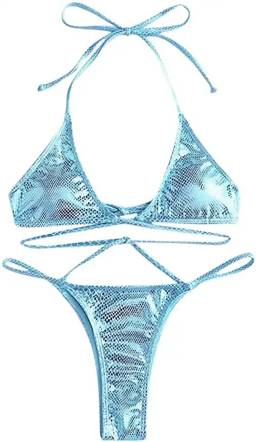 eilova orityle 女士金属质感三角比基尼套装闪亮泳衣两件套泳衣系带