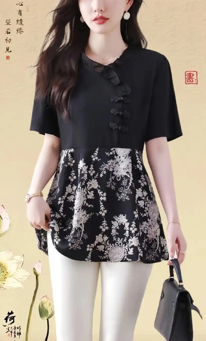 今年流行的漂亮小衫来了,夏季新款大码中年妈妈新中式女装