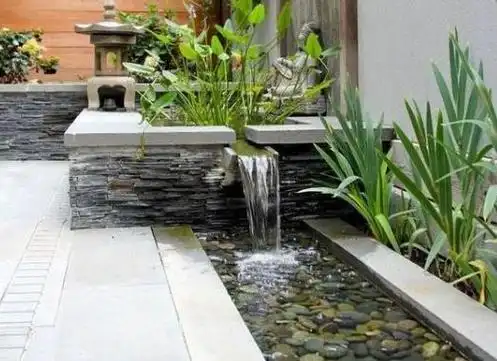 别墅庭院三种比较常见的动态水景设计:溪流,涌泉及跌水