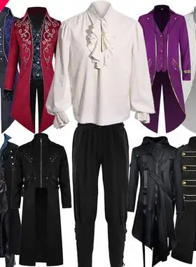 中世纪文艺复古男装纯色翻领衬衫