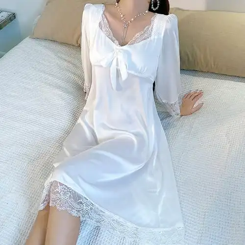 冰丝家居服睡衣七分丝绸睡裙仿真丝边蕾丝法式睡裙