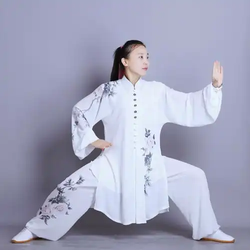 新款丝麻太极男女彩绘中长比赛服演出服透气加长太极服