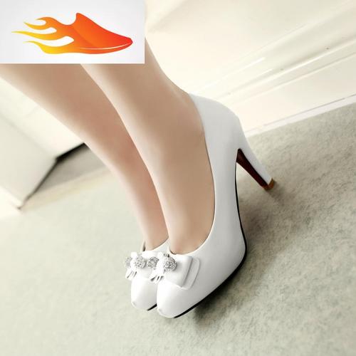 fish basket2019春季白色高跟鞋甜美细跟中跟圆头单鞋小码蝴蝶结工作