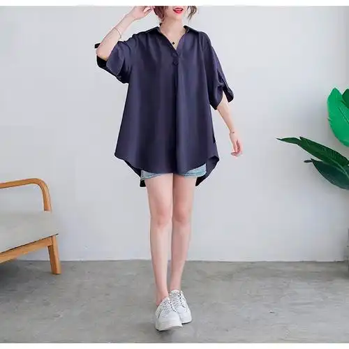 胖人夏季显瘦雪纺衬衫肥胖女人穿的宽松遮肚子休闲短袖上衣肥婆衣服