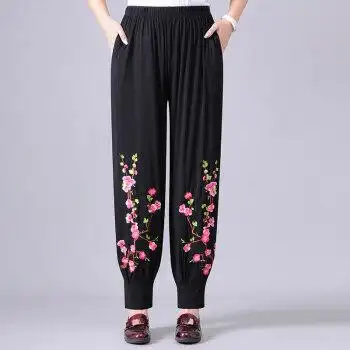 中老年冰丝灯笼裤女夏季老太太裤子九分裤薄款高腰宽松绣花束脚裤妈妈