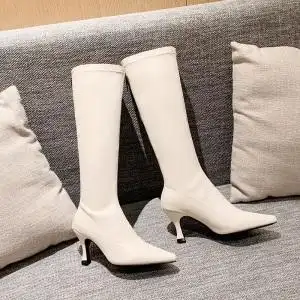 白色长筒靴女不过膝显瘦百搭尖头高跟鞋小个子150骑士靴细跟长靴