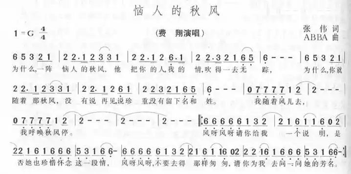 《恼人的秋风-费翔(简谱)》吉他谱