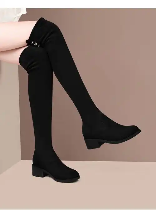 时尚百搭女靴子2021秋冬季新款过膝靴女休闲高筒靴套筒系带皮靴女