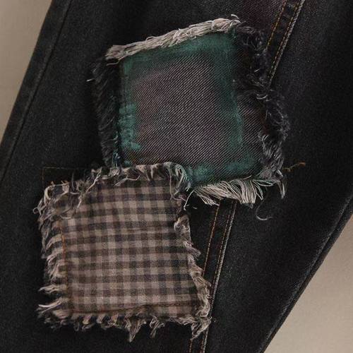 2022春季新款黑色长裤复古刺绣补丁贴布毛边松紧腰牛仔裤女宽松哈伦裤