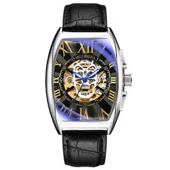 朴里男士手表时尚镂空全自动机械表骷髅头酒银壳黑面黑皮