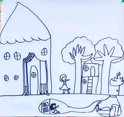 7岁儿童画_我的家房子大树风筝月亮妈妈和我