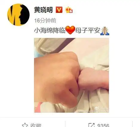 在微博上晒出与儿子的"拳头照",还透露了宝宝名字:小海绵