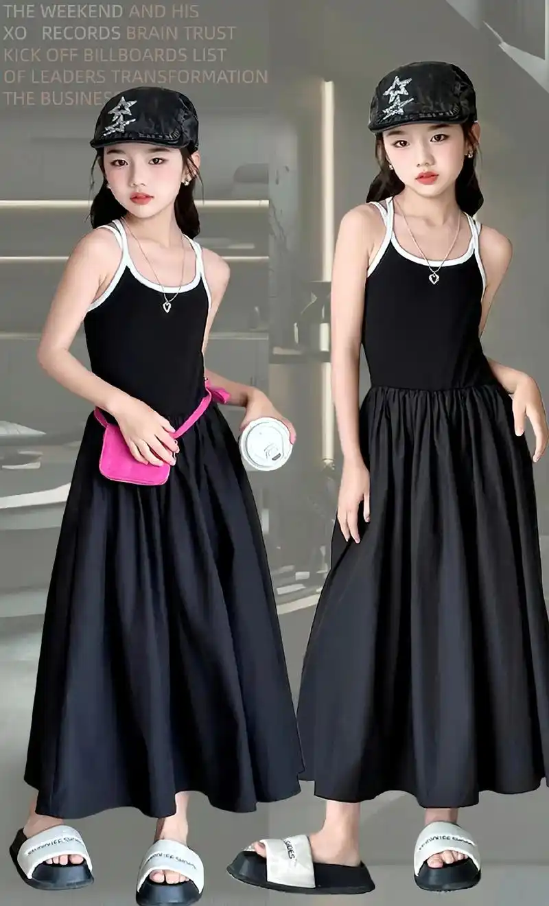 中大女童吊带连衣裙2024新款休闲雪纺裙子女孩洋气夏装网红黑色潮!