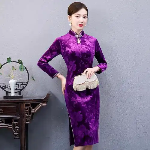 旗袍2021年新款中长妈妈改良连衣裙气质优雅紫色旗袍