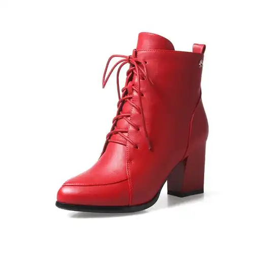 圆头加绒短筒冬季中跟系带女鞋马丁红色靴子