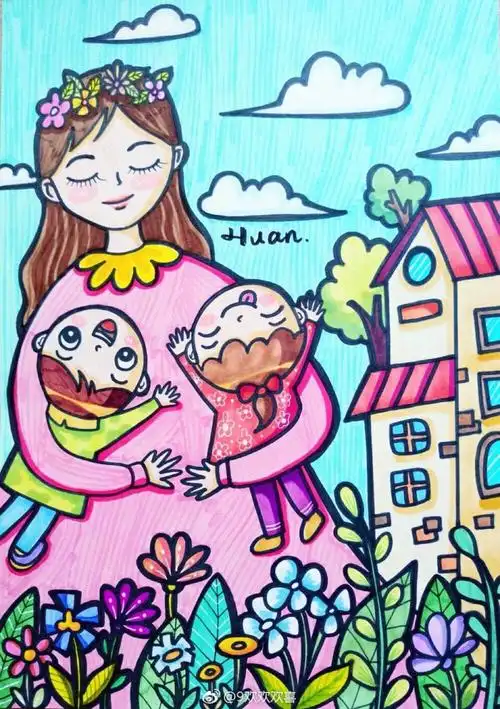 母亲节画儿童画拥抱