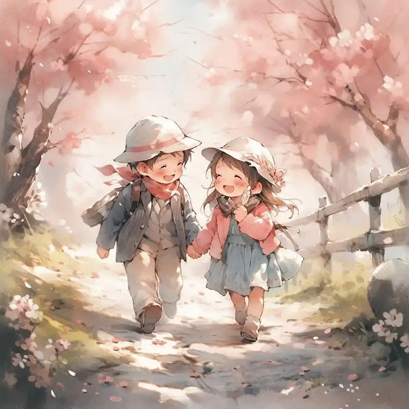 🌸🌸🌸樱花树下的甜蜜时光,超级可爱小男孩与小女孩牵手共赏