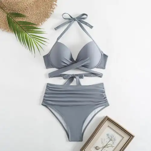 2024年热销款现货纯色泳装分体带胸垫钢托比基尼系带涉水泳衣女
