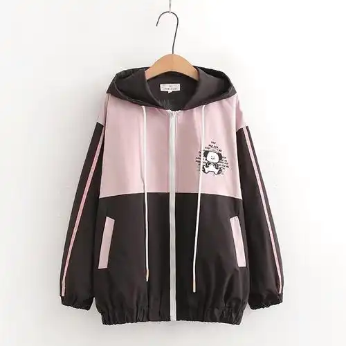 日系熊猫刺绣拼色宽松春秋连帽开衫外套女软妹可爱学院风学生上衣