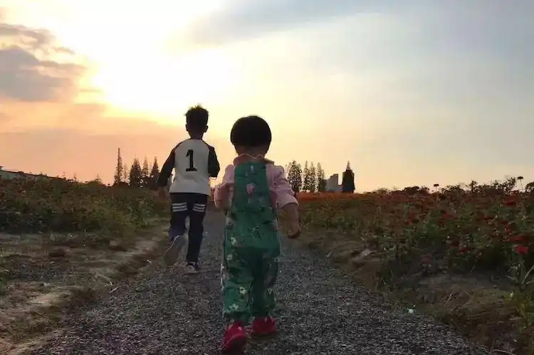 一双儿女在花间嬉戏够了,追着夕阳回家去的背影,是母亲心头多么甜美的