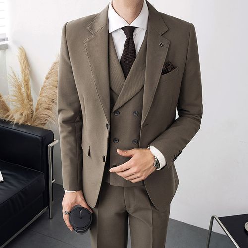 高级感气质咖啡色西装男三件套职业通勤西服修身痞帅新郎结婚礼服