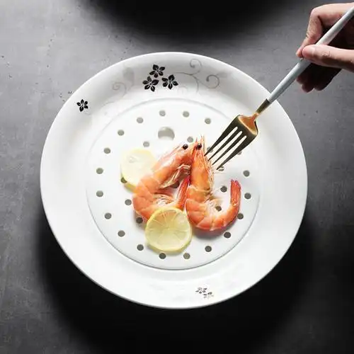 创意双层陶瓷饺子盘家用大号圆盘10英寸沥水蒸虾盘菜盘水饺托盘