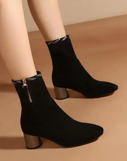 姝菲soofylia女鞋特卖旗舰店【保暖绒里】秋冬圆头羊反绒 弹力布优雅