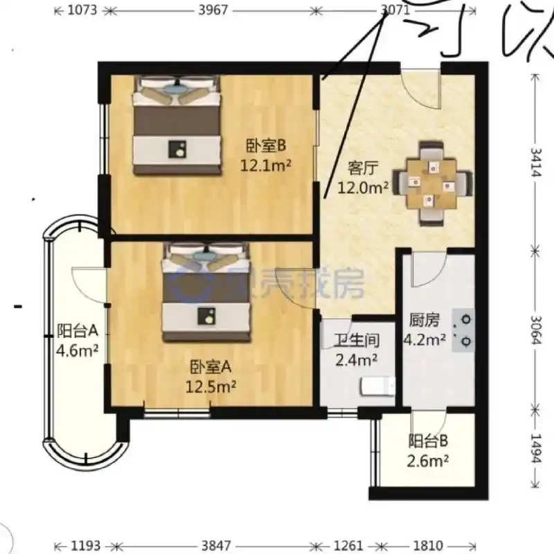 翻牌 两室改三室还要扩大客厅 业主的需求是二室改三室,而且明确表露