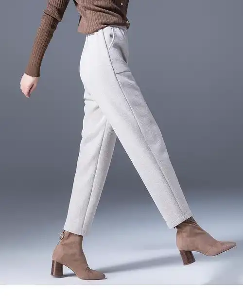 米色毛呢萝卜裤女秋冬高腰加厚女裤休闲妈妈裤羊毛呢子裤子哈伦裤冬季