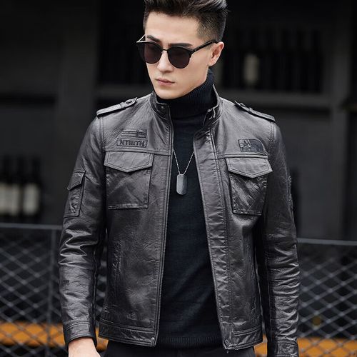 秋冬新款海宁真皮机车皮衣男士皮夹克修身韩版帅气潮流短外套男 黑色