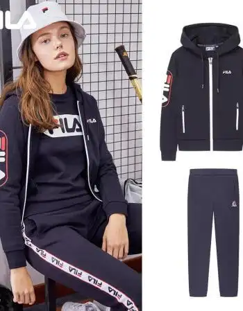 fila斐乐女套装2019春季新品运动休闲连帽外套针织收口长裤女装 传奇