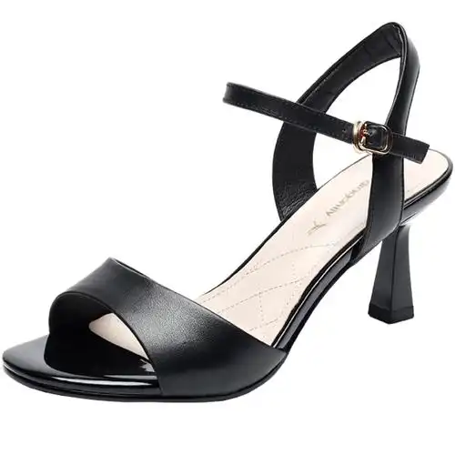 红蜻蜓凉鞋女2021年新款夏淑女一字带真皮高跟鞋女式软皮细跟女鞋